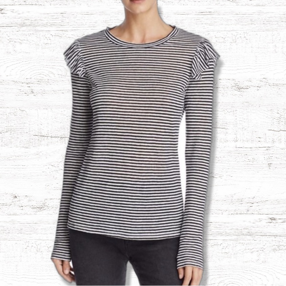 FRAME Long Sleeve Black & White Striped Long Sleeve Ruffle Shoulder Top